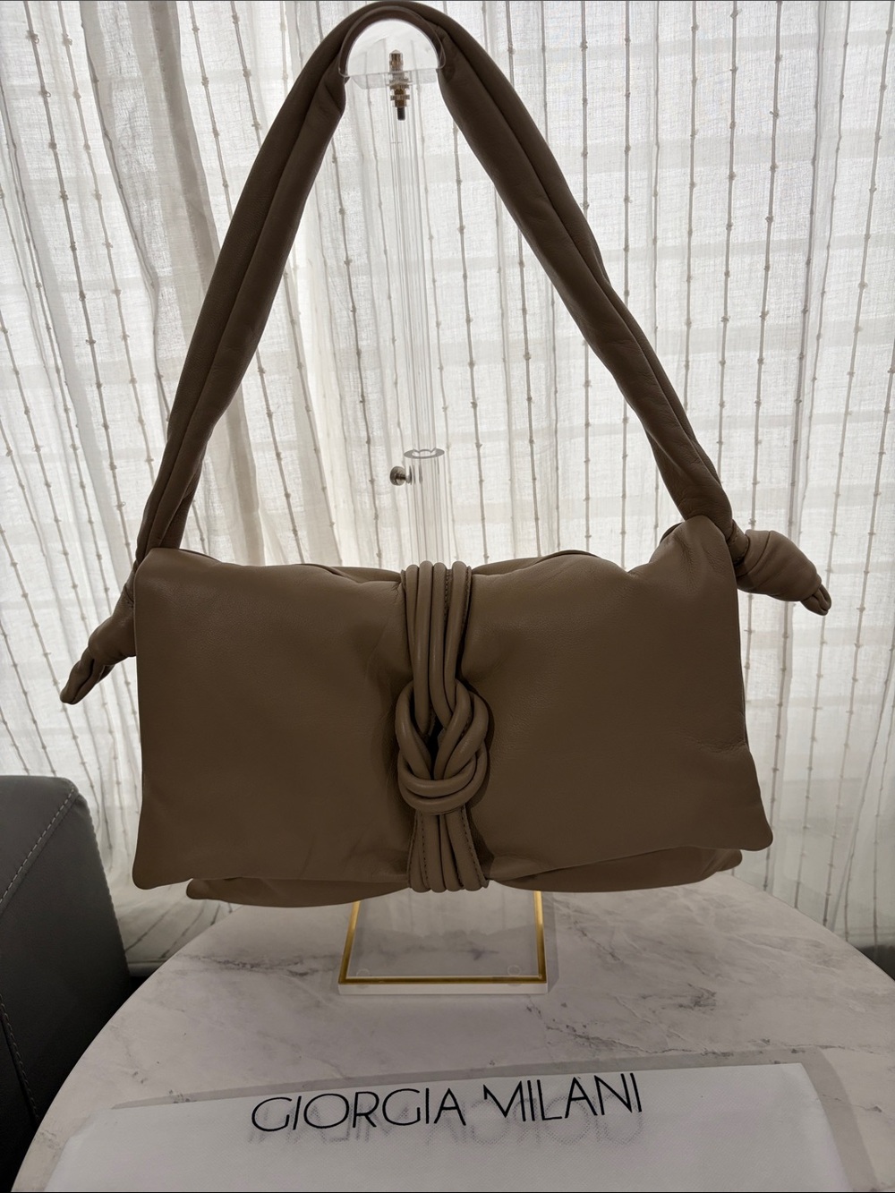 Giorgia Milani Taupe Leather Knotted Shoulder Bag
